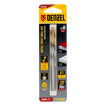 Сверло спиральное по металлу Denzel 8 x 117 мм, Р6М5, Golden Tip, 718239 купить в Нижневартовске