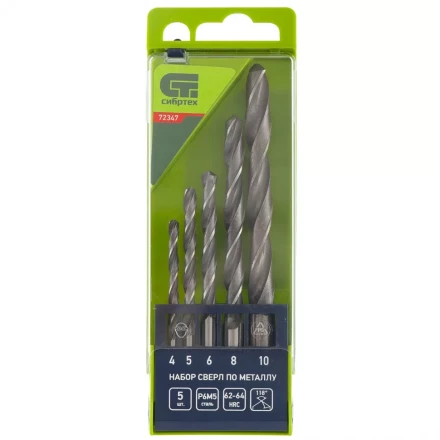 Набор сверл по металлу 4 - 10 мм 5 штук Р6М5 пластиковый кейс СИБРТЕХ артикул 72347 купить в Нижневартовске