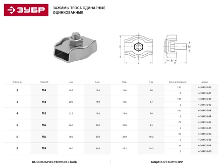 Зажим троса ЗУБР одинарный, оцинкованный, 4мм, 2 шт 4-304436-04 купить в Нижневартовске