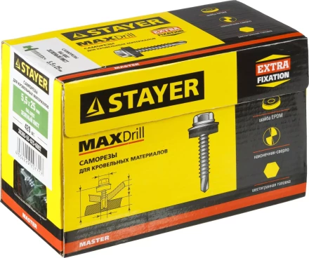 Саморезы СКМ кровельные, RAL 6002 зеленый лист, 25 x 5.5 мм, 420 шт, для металлических конструкций, STAYER 30305-55-025-6002 купить в Нижневартовске