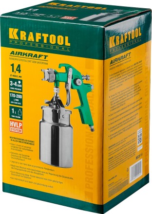 Краскопульт пневматический KRAFTOOL AirKraft, HVLP, с нижним бачком, 1,4мм 06520-1.4 купить в Нижневартовске