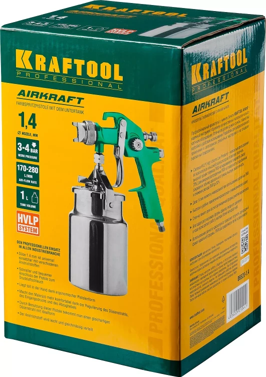 Краскопульт пневматический KRAFTOOL AirKraft, HVLP, с нижним бачком, 1,4мм 06520-1.4 купить в Нижневартовске