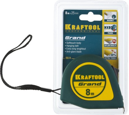 Рулетка KRAFTOOL GRAND, обрезиненный пластиковый корпус, 8м/25мм 34022-08-25 купить в Нижневартовске
