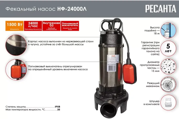 Фекальный насос Ресанта НФ-24000Л с измельчителем 77/5/4 купить в Нижневартовске
