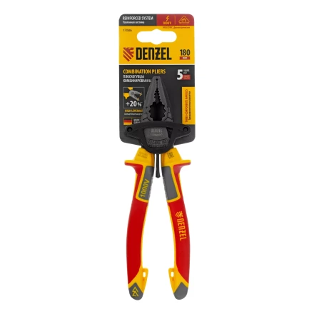 Плоскогубцы комбинированные Denzel 17086, диэлектрические трехкомпонентные рукоятки до 1000 В, 180 мм купить в Нижневартовске