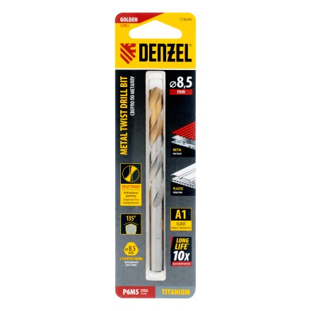 Сверло спиральное по металлу Denzel 8,5 x 117 мм, Р6М5, Golden Tip, 718240 купить в Нижневартовске
