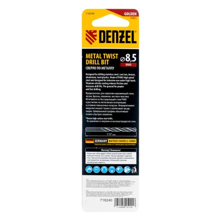 Сверло спиральное по металлу Denzel 8,5 x 117 мм, Р6М5, Golden Tip, 718240 купить в Нижневартовске