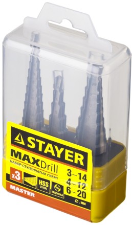 Набор STAYER &quot;MASTER&quot;: Ступенчатые сверла по сталям и цвет.мет., сталь HSS, d=3-14мм,12ступ. d 4-12 мм 5 ступ., d 6-20мм 8ступ. 29660-3-20-H3 купить в Нижневартовске