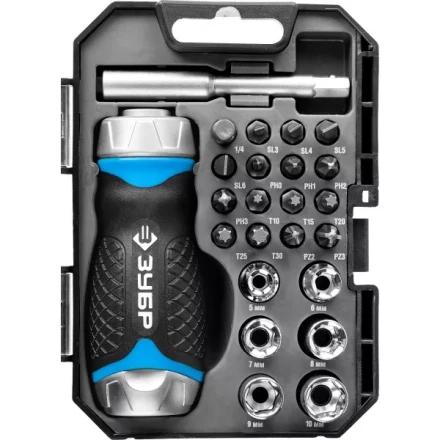 Набор ЗУБР "ПРОФЕССИОНАЛ": Отвертка реверсив с двухкомп рукоят, насадки, CrMo, рукоят с отсеком для хранения бит, 24 предмета 25353-H24 купить в Нижневартовске