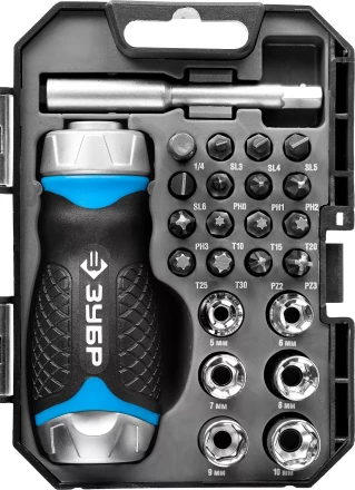 Набор ЗУБР "ПРОФЕССИОНАЛ": Отвертка реверсив с двухкомп рукоят, насадки, CrMo, рукоят с отсеком для хранения бит, 24 предмета 25353-H24 купить в Нижневартовске