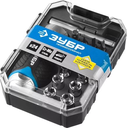Набор ЗУБР "ПРОФЕССИОНАЛ": Отвертка реверсив с двухкомп рукоят, насадки, CrMo, рукоят с отсеком для хранения бит, 24 предмета 25353-H24 купить в Нижневартовске