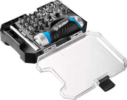 Набор ЗУБР "ПРОФЕССИОНАЛ": Отвертка реверсив с двухкомп рукоят, насадки, CrMo, рукоят с отсеком для хранения бит, 24 предмета 25353-H24 купить в Нижневартовске