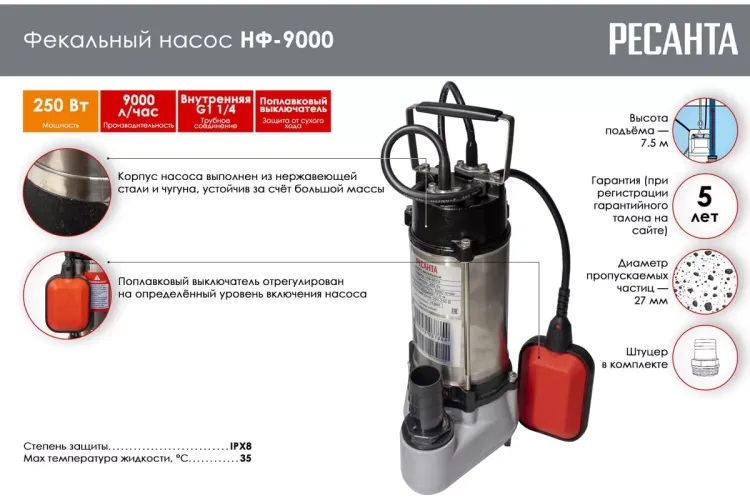 Фекальный насос Ресанта НФ-9000 77/5/1 купить в Нижневартовске