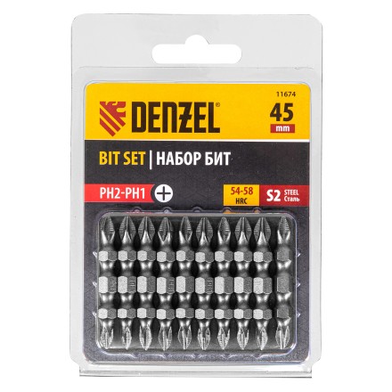 Бита двухсторонняя, PH2-PH1 х 45 мм, сталь S2, 10 шт. Denzel 11674 купить в Нижневартовске