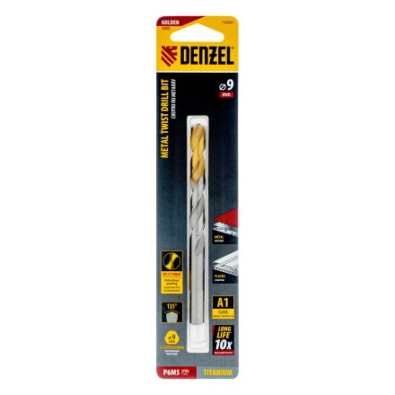 Сверло спиральное по металлу Denzel, 9 x 125 мм, Р6М5, Golden Tip, 718241 купить в Нижневартовске