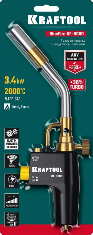 Blue Fire  KF-9000  горелка для МАПП / MAPP газа,  с пъезоподжигом,  на баллон c резьбовым соединением US 1, 2000°C 55510 купить в Нижневартовске