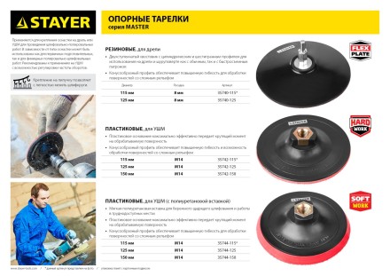 Тарелка опорная STAYER &quot;MASTER&quot; пластиковая для УШМ на липучке, полиуретановая вставка, d=115 мм, М14 35744-115 купить в Нижневартовске