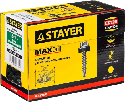 Саморезы СКМ кровельные, RAL 6005 зеленый насыщенный, 19 x 5.5 мм, 500 шт, для металлических конструкций, STAYER 30305-55-019-6005 купить в Нижневартовске