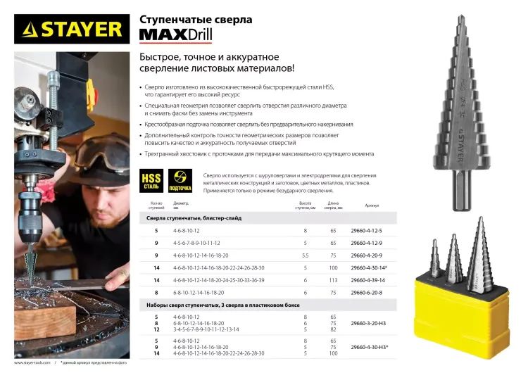 Набор STAYER "MASTER": Ступенчатые сверла по сталям и цвет.мет., сталь HSS, d=4-12мм,5 ступ. d 4-20 мм 9 ступ., d 4-30мм 14ступ. 29660-4-30-H3 купить в Нижневартовске