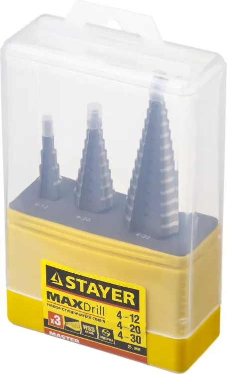 Набор STAYER "MASTER": Ступенчатые сверла по сталям и цвет.мет., сталь HSS, d=4-12мм,5 ступ. d 4-20 мм 9 ступ., d 4-30мм 14ступ. 29660-4-30-H3 купить в Нижневартовске