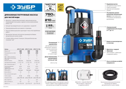 Насос ЗУБР "ПРОФЕССИОНАЛ" Т3 погружной дренажный для чистой воды (d пропускаемых частиц до 5мм), 400Вт, пропускная способность 140л/мин, напор 8,0м НПЧ-Т3-400 купить в Нижневартовске
