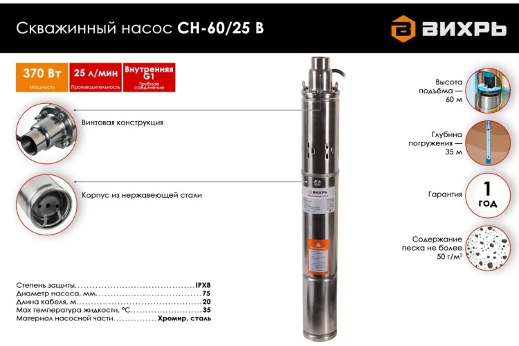 Скважинный насос Вихрь СН-60/25 В 68/3/14 купить в Нижневартовске