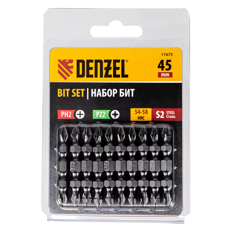 Бита двухсторонняя, PH2-PZ2 х 45 мм, сталь S2, 10 шт. Denzel 11675 купить в Нижневартовске