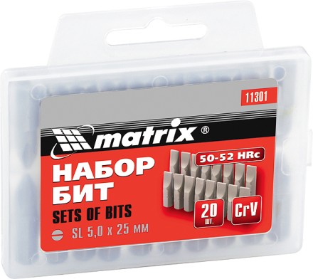 Набор бит SL5,0 x 25 мм, сталь 45Х, 20 шт., в пласт. боксе  MATRIX 11301 купить в Нижневартовске