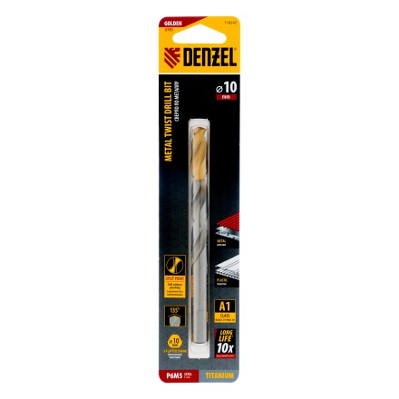 Сверло спиральное по металлу Denzel, 10 x 133 мм, Р6М5, Golden Tip, 718242 купить в Нижневартовске