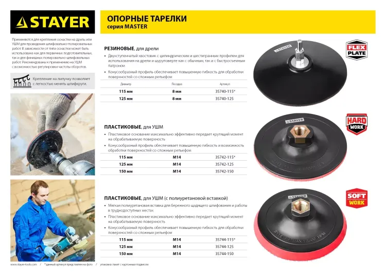 Тарелка опорная STAYER "MASTER" пластиковая для УШМ на липучке, полиуретановая вставка, d=150 мм, М14 35744-150 купить в Нижневартовске