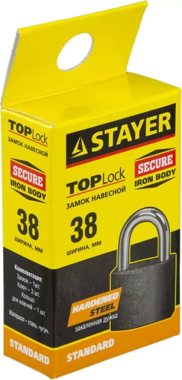 Замок STAYER "STANDARD" навесной, металлический корпус, закаленная дужка, 38мм 37160-38 купить в Нижневартовске