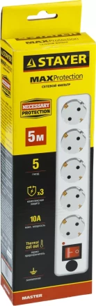 Сетевой фильтр STAYER "MASTER" электрический, 5 гнезд, макс. мощн. 2200 Вт, 5м 55066-5 купить в Нижневартовске