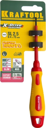 Отвертка KRAFTOOL, высоковольтная, Cr-Mo-V стержень, двухкомпонент. маслобензостойкая рукоятка, SL, 2,5х75мм 250083-2.5-075 купить в Нижневартовске