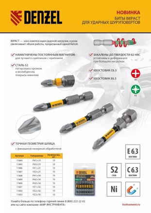 Бита IMPACT, PZ2x50 мм, лазерная обработка шлица, сталь S2, 10 шт., Е 6,3 Denzel 11692 купить в Нижневартовске