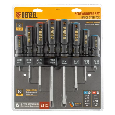 Набор отверток на полке Denzel, 8 шт., PH+SL, S2, 3к рукоятка, 122137 купить в Нижневартовске