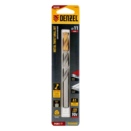 Сверло спиральное по металлу Denzel, 11 x 142 мм, Р6М5, Golden Tip, 718243 купить в Нижневартовске