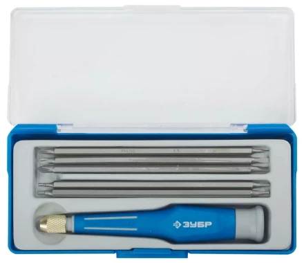 Набор ЗУБР Отвертка "ЭКСПЕРТ" для точных работ, двухкомп рукоятка, CR-V, сменные двустор стержни 120мм, 5шт, 6предм 25627-H6 купить в Нижневартовске