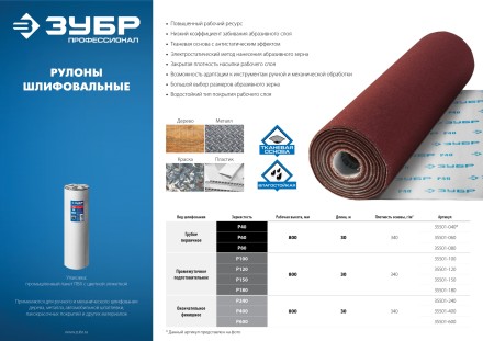 ЗУБР Р240, 800 мм, 30 м, водостойкий, шлифовальный рулон на тканевой основе, Профессионал (35501-240) купить в Нижневартовске