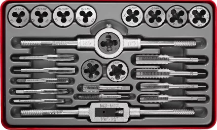 Набор ЗУБР "ЭКСПЕРТ" с металлореж. инструментом, метчики однопроходные и плашки М5-М12, оснастка-в метал. боксе, 24пред. 28116-H24 купить в Нижневартовске