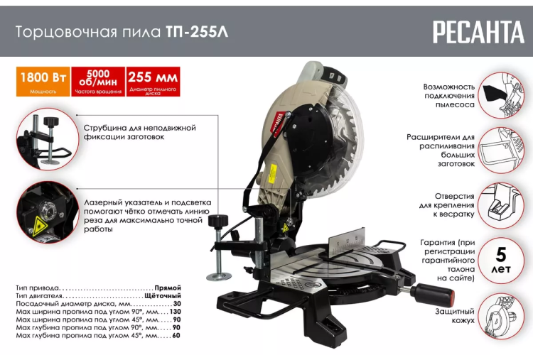 Торцовочная пила Ресанта ТП-255Л 75/18/3 купить в Нижневартовске