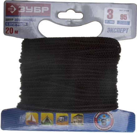 Шнур ЗУБР полиамидный, плетеный, повышенной нагрузки, с сердечником, черный, d 3, 20м 50311-03-020 купить в Нижневартовске