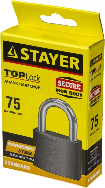 Замок STAYER "STANDARD" навесной, металлический корпус, закаленная дужка, 75 мм 37160-75 купить в Нижневартовске