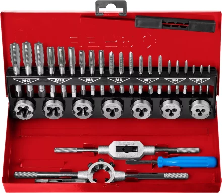 Набор ЗУБР "ЭКСПЕРТ" с метал.реж. инстр., метчики комплект. из 3-х штук и плашки М3-М12, оснастка-в метал.боксе, 32пред. 28129-H32 купить в Нижневартовске