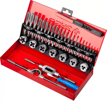 Набор ЗУБР "ЭКСПЕРТ" с метал.реж. инстр., метчики комплект. из 3-х штук и плашки М3-М12, оснастка-в метал.боксе, 32пред. 28129-H32 купить в Нижневартовске