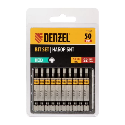 Бита HEX 3х50, сталь S2, шестигранный профиль, 10 шт. Е 6,3 Denzel 11661 купить в Нижневартовске