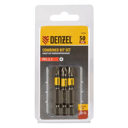 Набор бит комбинированный 3 шт., РН1, РН2, РН3, 50 мм, сталь S2 Denzel 11676 купить в Нижневартовске