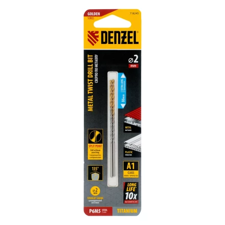 Сверло спиральное по металлу Denzel  2 х 86 мм Р6М5, Golden Tip, удлиненное, 2шт., 718245 купить в Нижневартовске