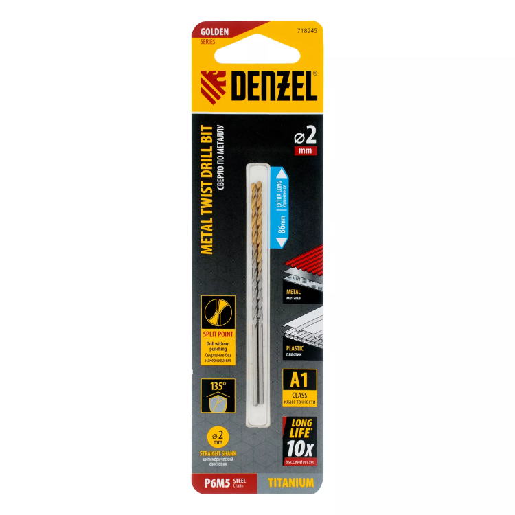Сверло спиральное по металлу Denzel  2 х 86 мм Р6М5, Golden Tip, удлиненное, 2шт., 718245 купить в Нижневартовске