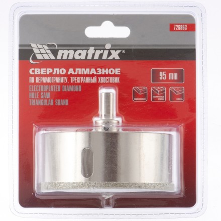 Сверло алмазное по керамограниту 95 х 67 мм 3-гранный хвостовик MATRIX артикул 726863 купить в Нижневартовске