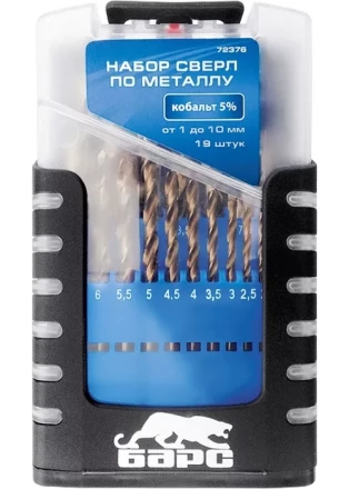 Набор сверл по металлу 1-10 мм через 0,5 мм 19 шт Р6М5 прокат цилиндрический хвостовик БАРС 72372 купить в Нижневартовске